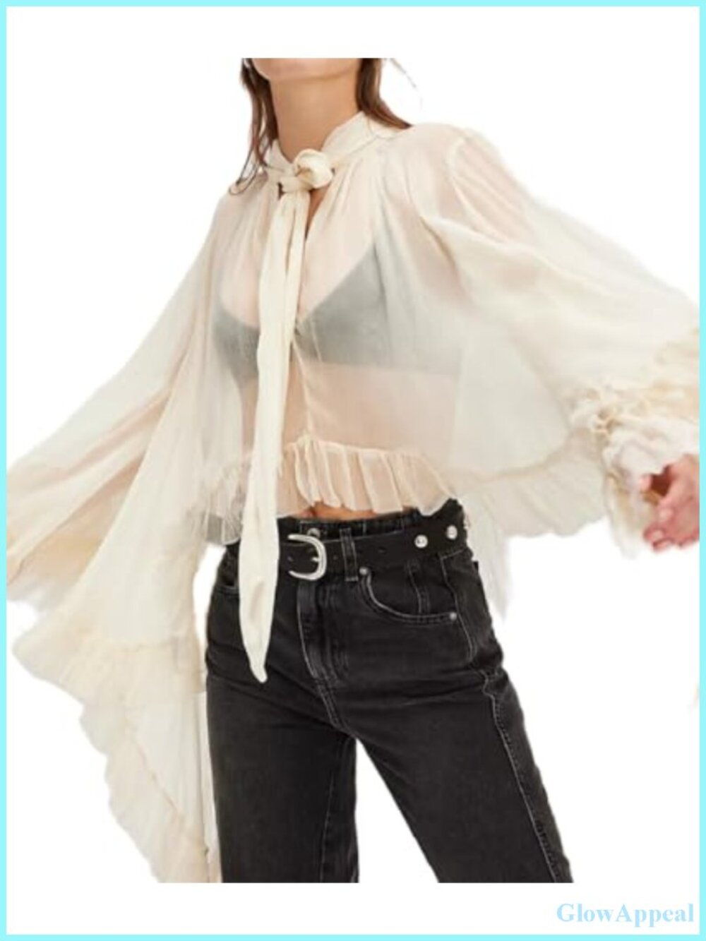 Women's Sheer Ruffle Trim Tunic Blouse with Self Tie Neck
